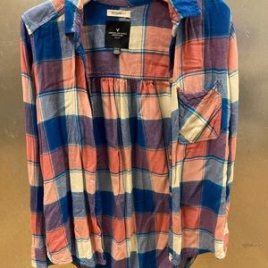 American Eagle blue and pink flannel shirt